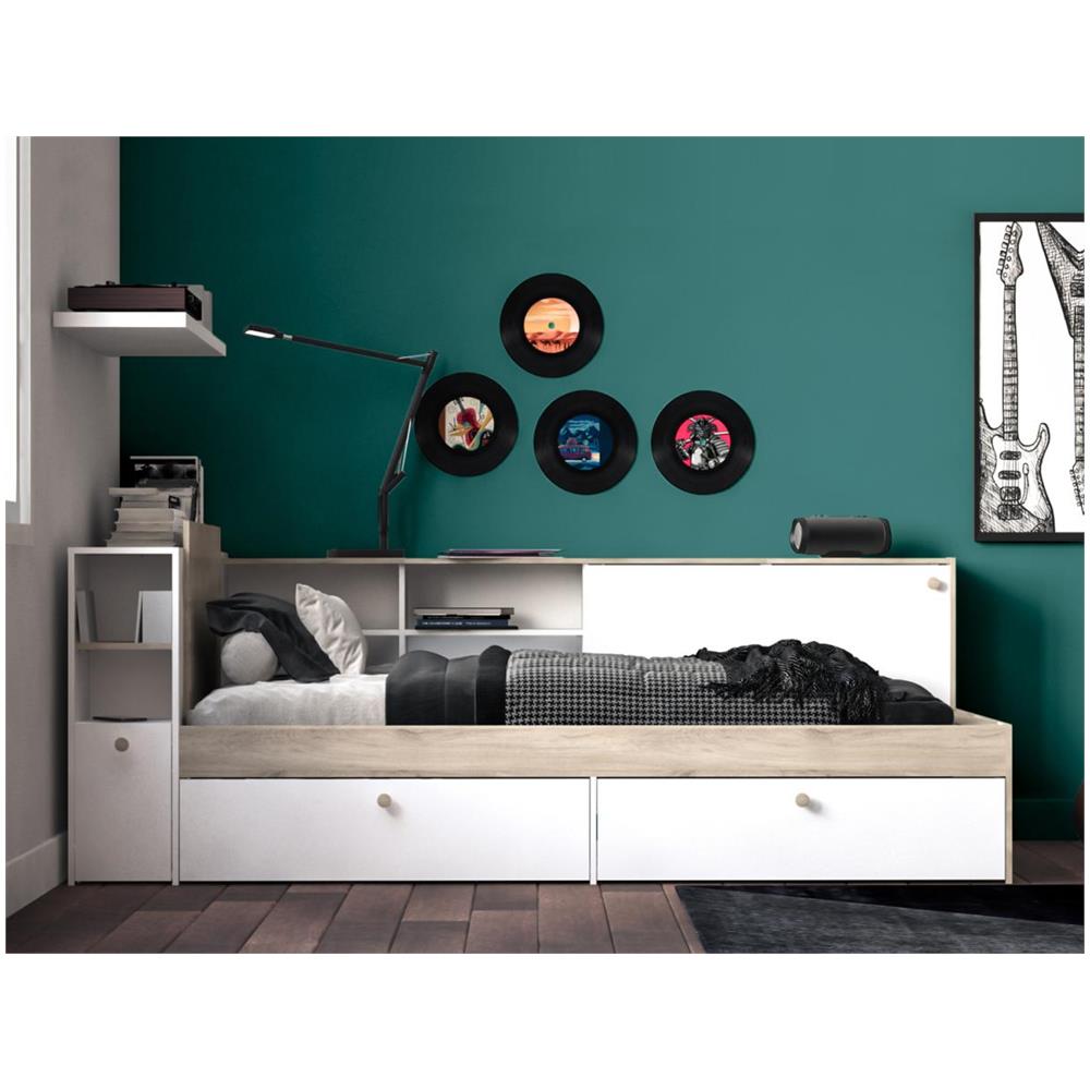 Letto Modulare 90 X 190/200 Cm Con Vani Portaoggetti Bianco E Naturale - Liara - Foto 2