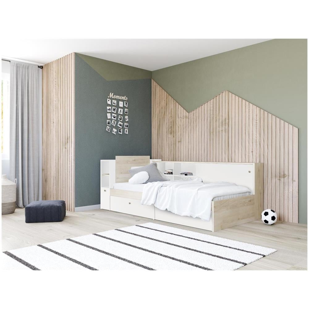 Letto Modulare 90 X 190/200 Cm Con Vani Portaoggetti Bianco E Naturale - Liara - Foto 1