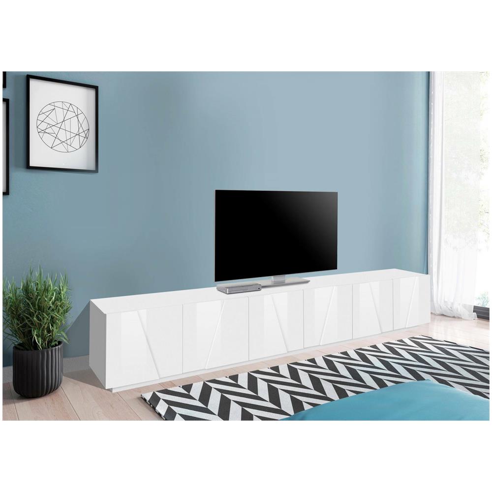 Mobile Porta Tv Lucas, Credenza Bassa Da Soggiorno, Base Porta Tv, 100% Made In Italy, Cm 244x44h46, Bianco Lucido - Foto 1