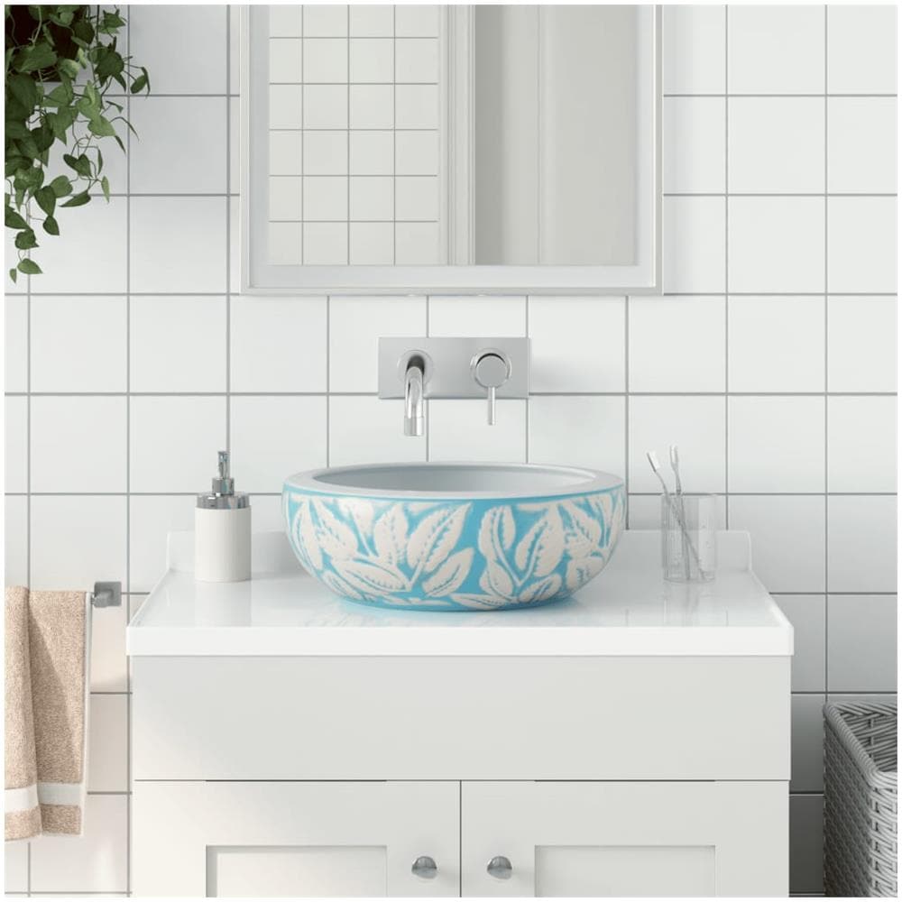 Lavabo Da Appoggio Bianco E Blu Rotondo F41x14 Cm Ceramica - Foto 1