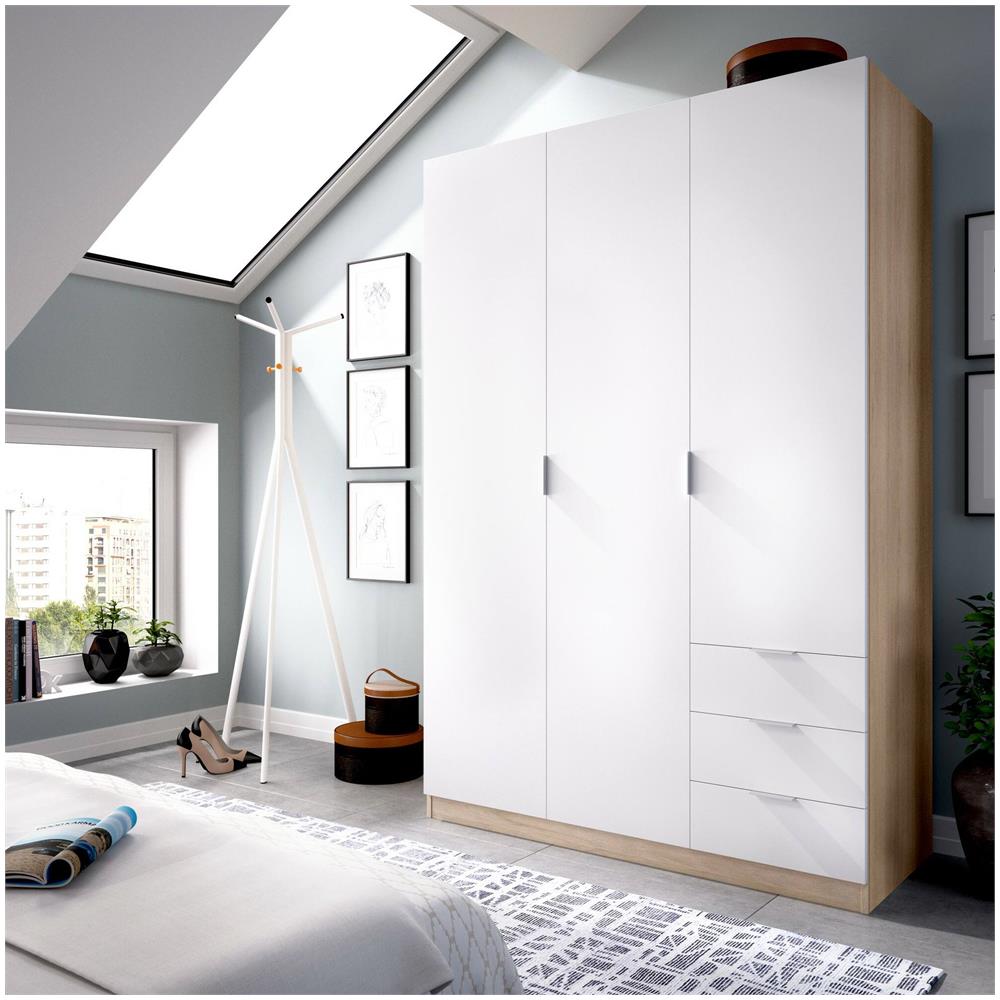 Guardaroba Cimone, Mobile Appendiabiti Per Camera Da Letto, Armadio A 3 Ante Battenti E 3 Cassetti, 121x52h184 Cm, Bianco E Rovere - Foto 1