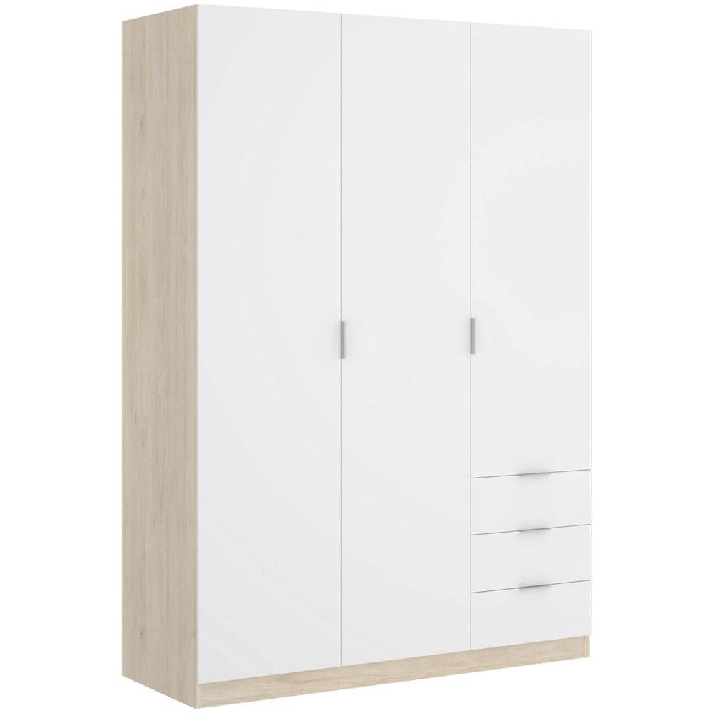 Guardaroba Cimone, Mobile Appendiabiti Per Camera Da Letto, Armadio A 3 Ante Battenti E 3 Cassetti, 121x52h184 Cm, Bianco E Rovere - Foto 2