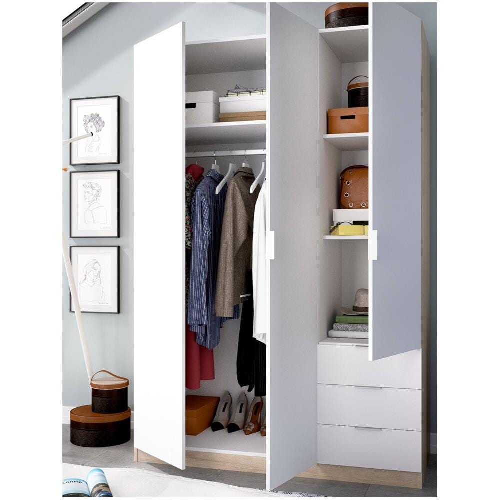 Guardaroba Cimone, Mobile Appendiabiti Per Camera Da Letto, Armadio A 3 Ante Battenti E 3 Cassetti, 121x52h184 Cm, Bianco E Rovere - Foto 4