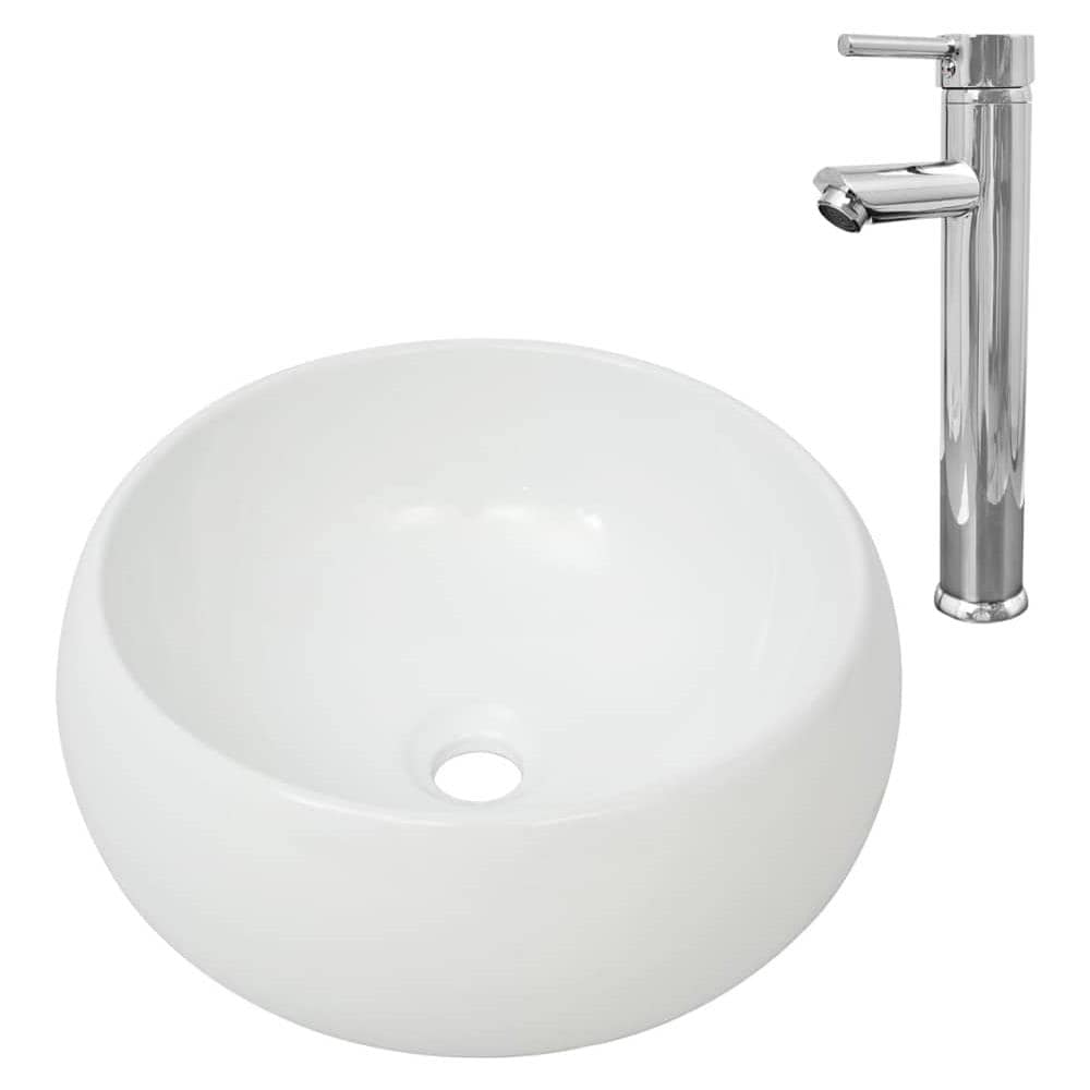 Lavello Bagno Con Miscelatore In Ceramica Rotondo Bianco - Foto 2