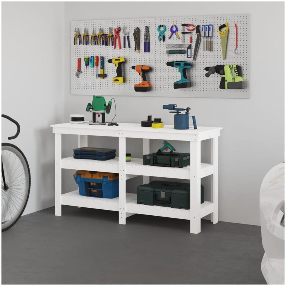 Banco da Lavoro Bianco 142,5x50x80 cm in Legno Massello di Pino - Foto 1