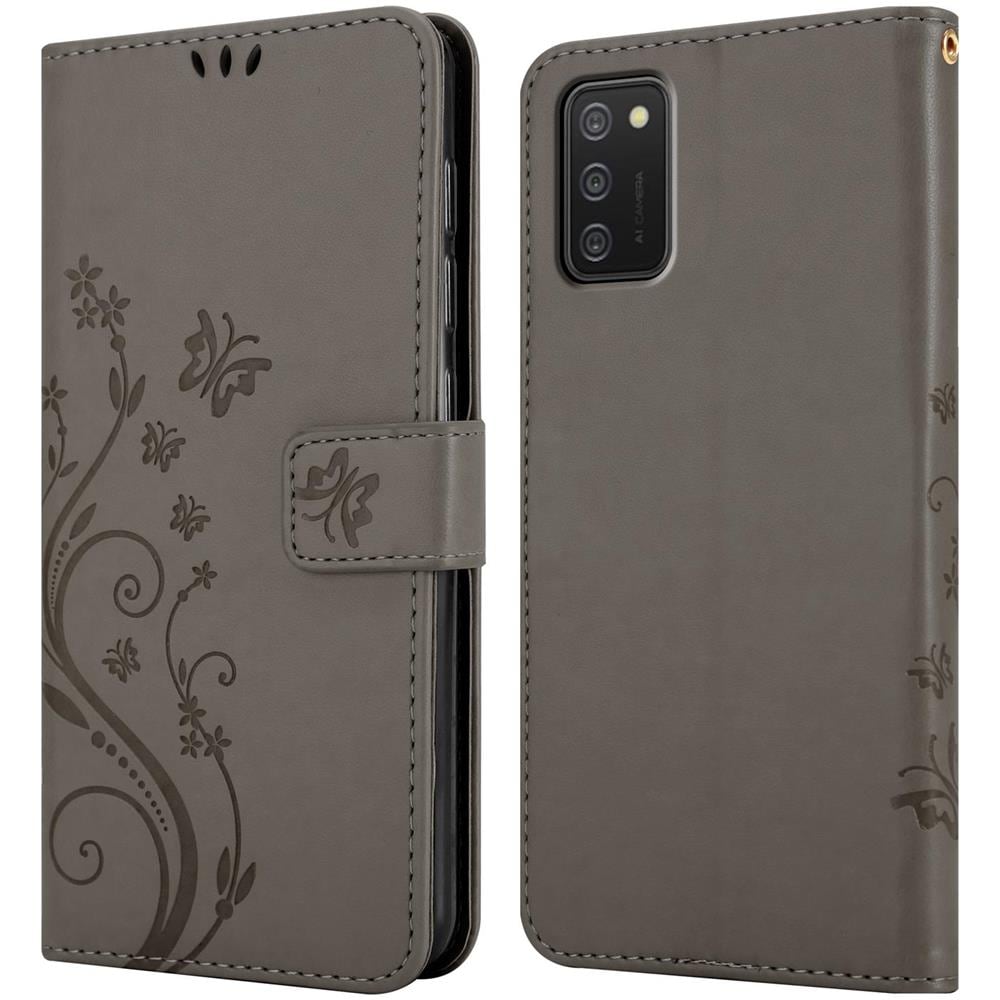 Custodia Compatibile Con Samsung Galaxy A02s In Grigio Fiore - Coperchio Protettivo In Design Floreale Con Chiusura Magnetica, Funzione Stand E Slot Per Carte - Foto 8