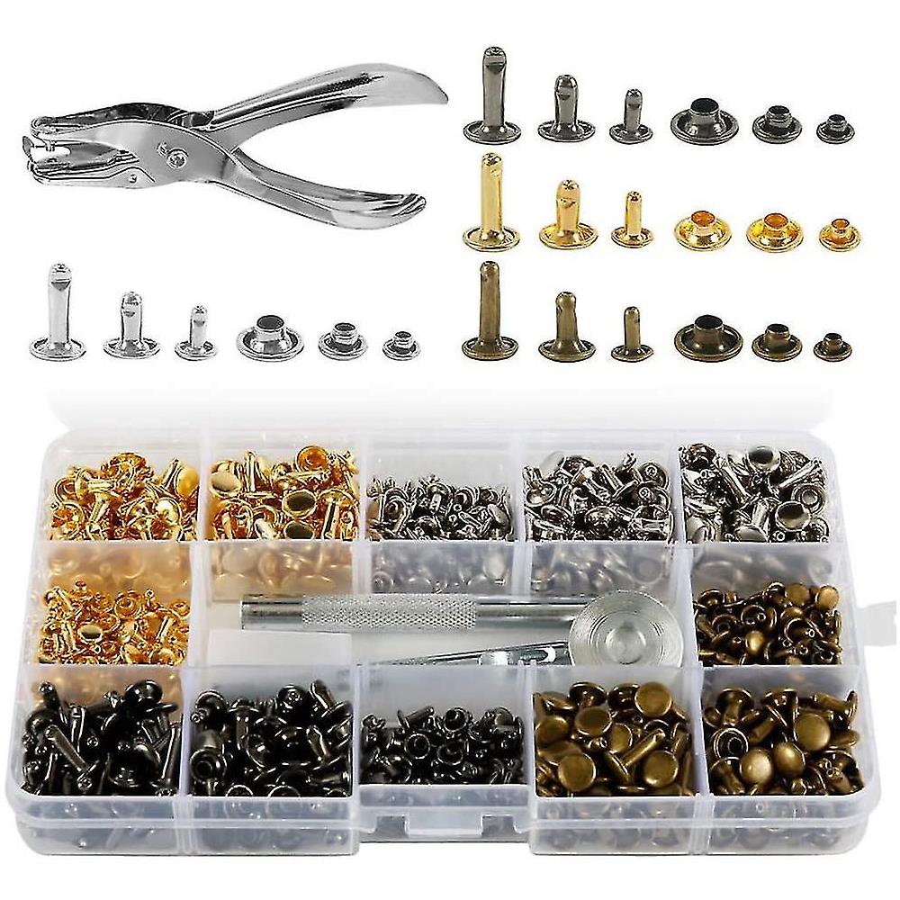 Amindz 180 Sets Rivetti Pelle,3 Formati Doppio Tappo Rivetto in Pelle,Rivettato Viti in Metallo con 3 Pezzi Strumento di Fissaggio,Borchie Rivettate per Fai da Te Artigianato in Pelle