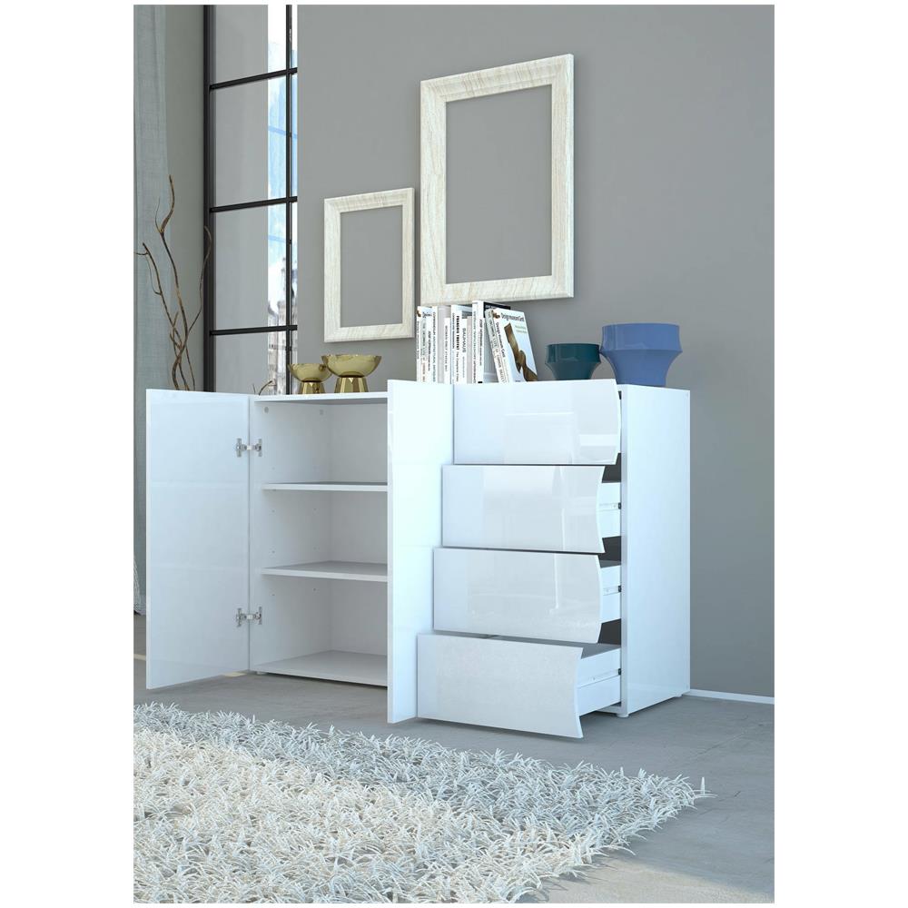 Credenza Romolo, Madia Da Cucina A 2 Ante E 4 Cassetti, Buffet Da Soggiorno, 100% Made In Italy, Cm 124x40h81, Bianco Lucido - Foto 4