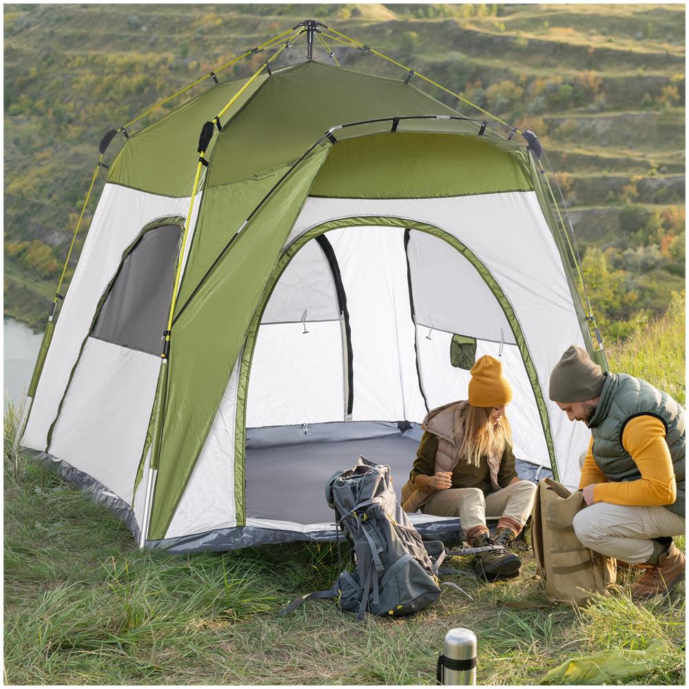 Tenda da Campeggio 2 Posti Pop Up con Porta a Cerniera e 3 Finestre, 240x240x199cm, Verde - Foto 2