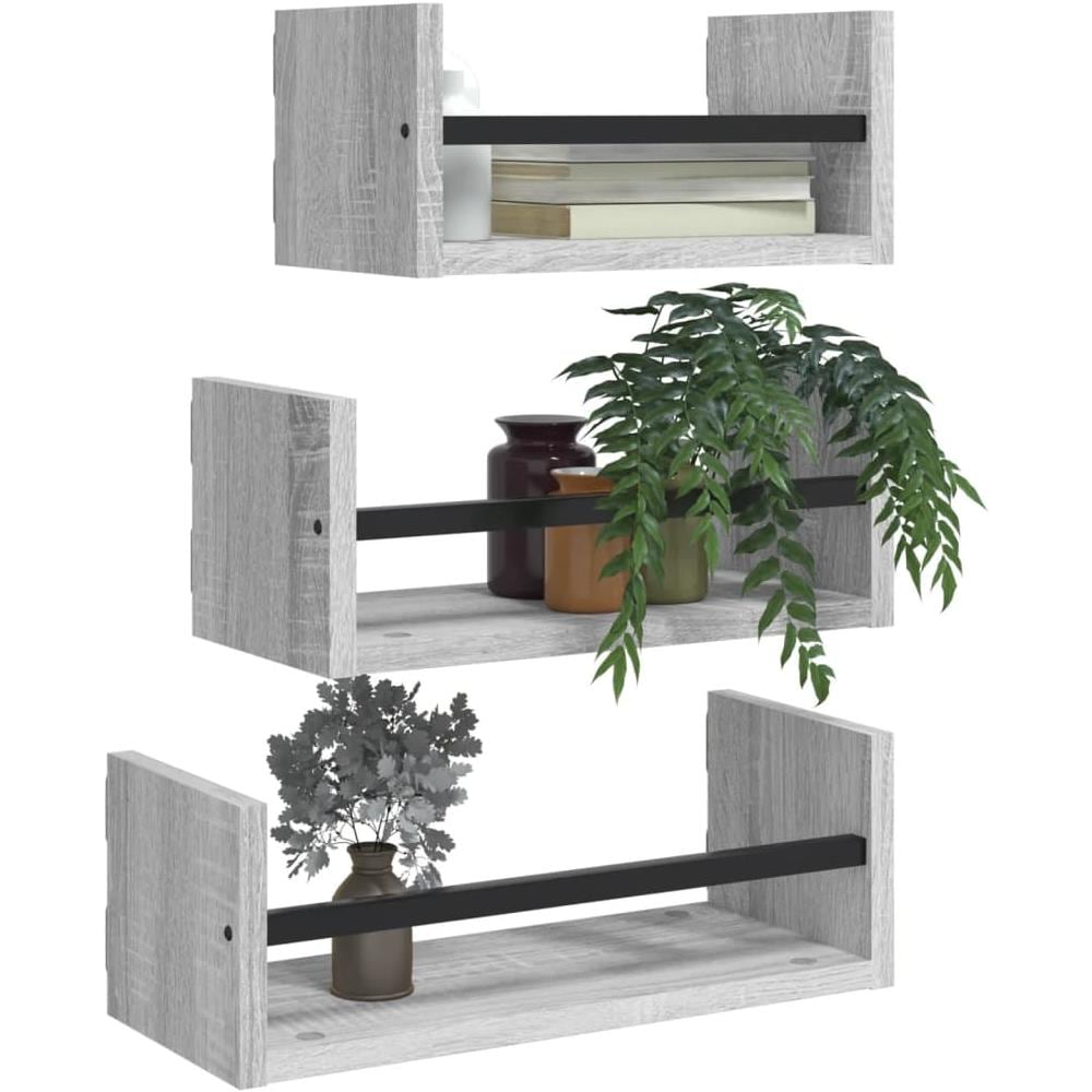 Set Mensole Parete Con Aste 3pz Grigio Sonoma Legno Multistrato - Foto 3