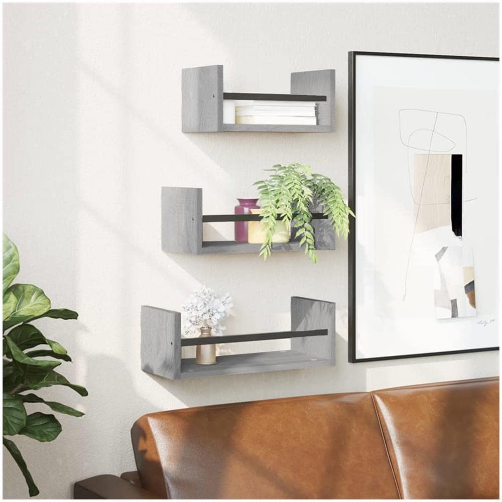 Set Mensole Parete Con Aste 3pz Grigio Sonoma Legno Multistrato - Foto 1