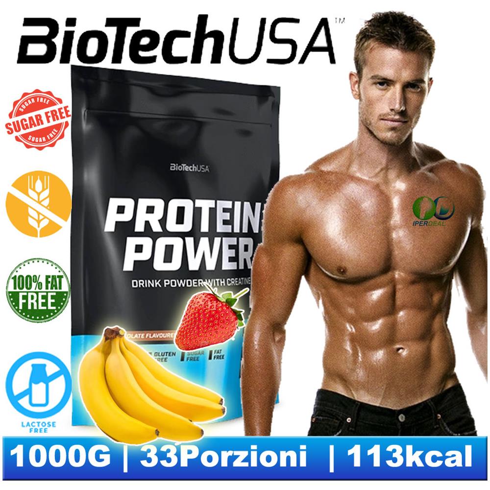 1000g 33dosi Proteine In Polvere, protein Power, biotech Usa Gusto Fragola E Banana - Foto 1