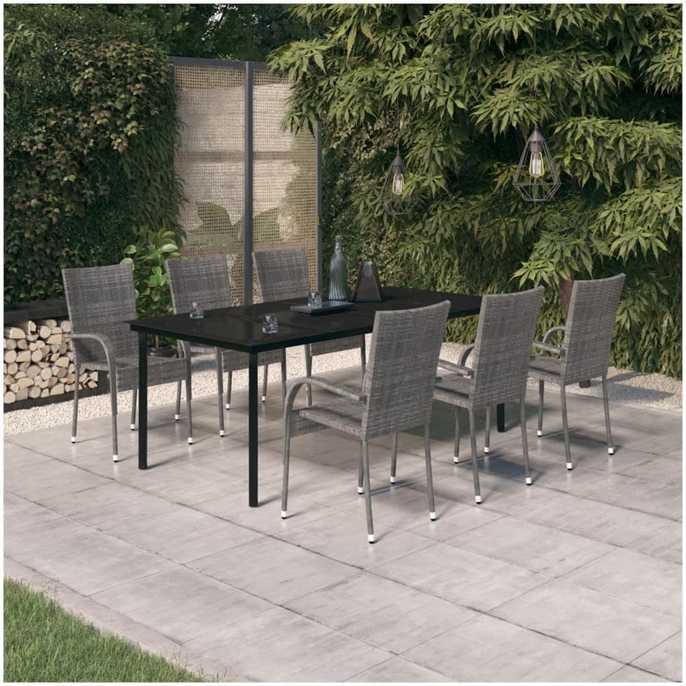 Set Da Pranzo Per Giardino 7 Pz Con Cuscini Grigio E Nero - Foto 1