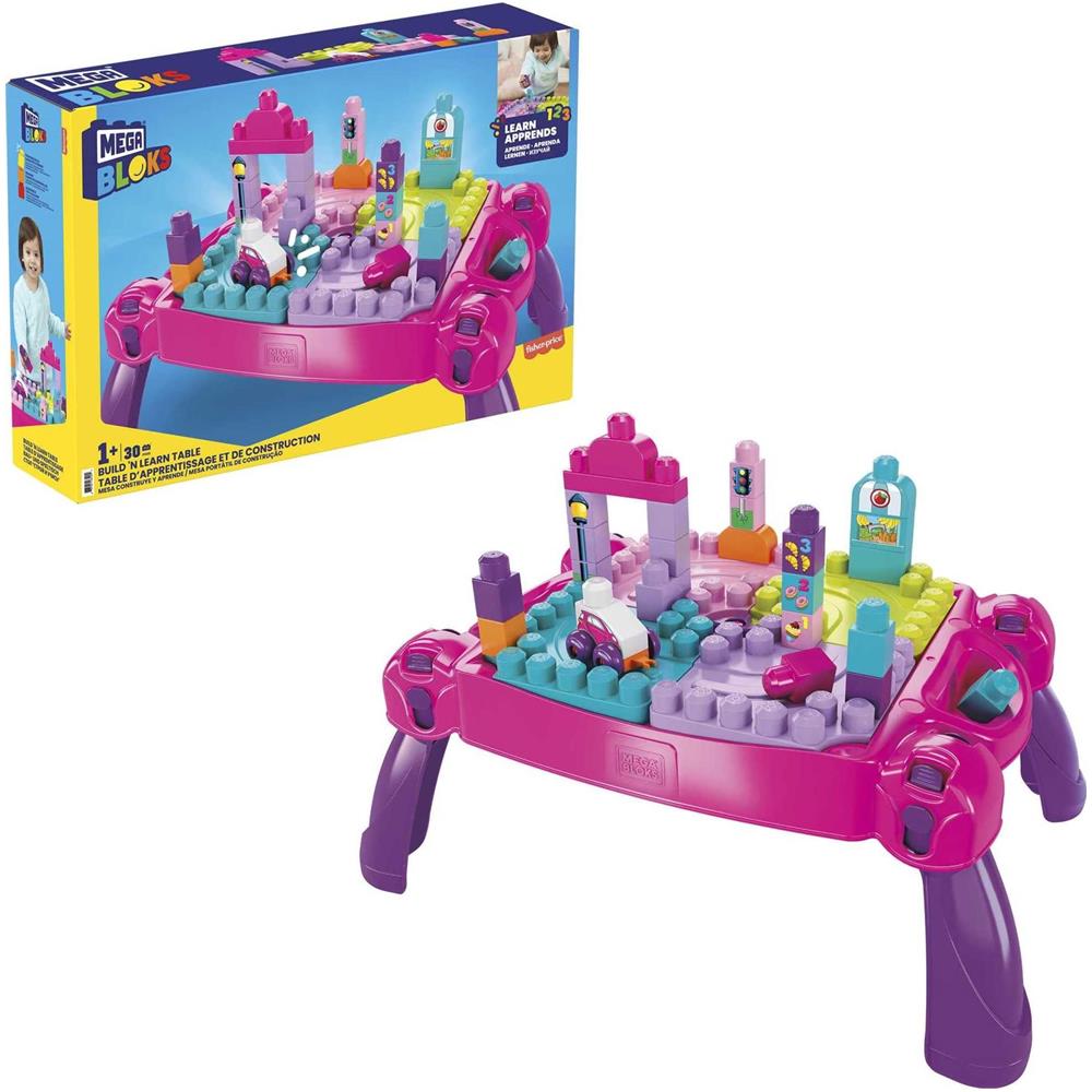 Fisher Price Mattoncini Da Costruzione Per Bambini, Tavolo Per Attività Costruisci E Impara Con 30 Pezzi, Macchinina E Deposito, Rosa, Idee Regalo Portatili Per Bambini (esclusiva Amazon) - Foto 1