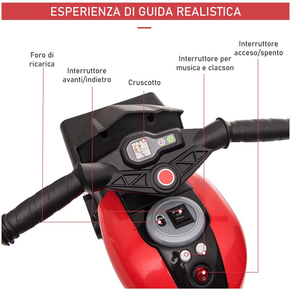 Moto Elettrica per Bambini 3-5 Anni (max. 25kg) con 3 Ruote, Luci e Suoni, Batteria 6V, Rosso, 86x42x52cm - Foto 6