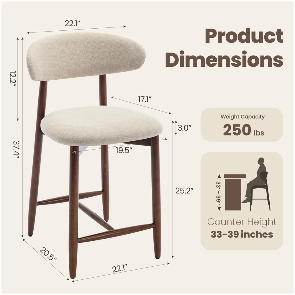 Set Da 2 Sgabelli Da Bar, Moderni Sgabelli Da Bancone Con Comoda Seduta In Tessuto E Struttura In Legno, Per Isola Cucina O Bancone Bar, Colore Beige - Foto 2