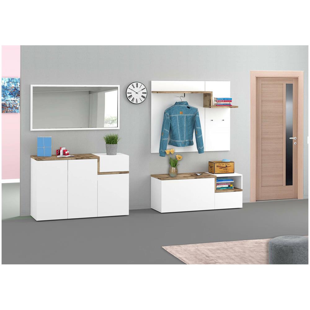 Mobile Da Ingresso Yuri, Entratina Moderna Multifunzione, Armadietto Multiuso Per Atrio, 100% Made In Italy, Cm 120x40h54, Bianco Lucido E Acero - Foto 1