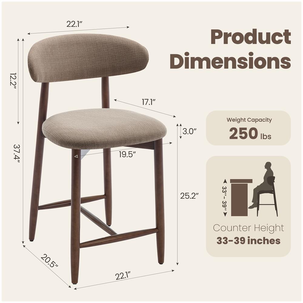 Set Da 2 Sgabelli Da Bar, Moderni Sgabelli Da Bancone Con Comoda Seduta In Tessuto E Struttura In Legno, Per Isola Cucina O Bancone Bar, Colore Marrone - Foto 2