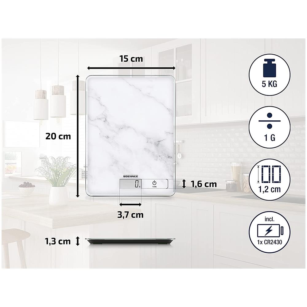 Bilancia da Cucina Digitale Page Compact 300 con Portata Max 5 Kg Colore Display LCD Colore Marmo - Foto 7