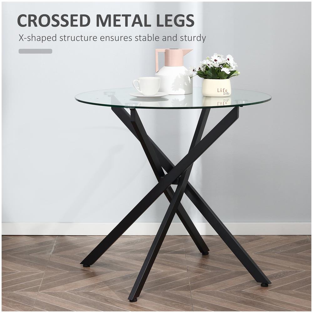 Tavolo Rotondo In Vetro E Gambe Incrociate In Metallo, Tavolino Moderno Per Soggiorno E Studio, 80x80x75cm, Nero - Foto 2