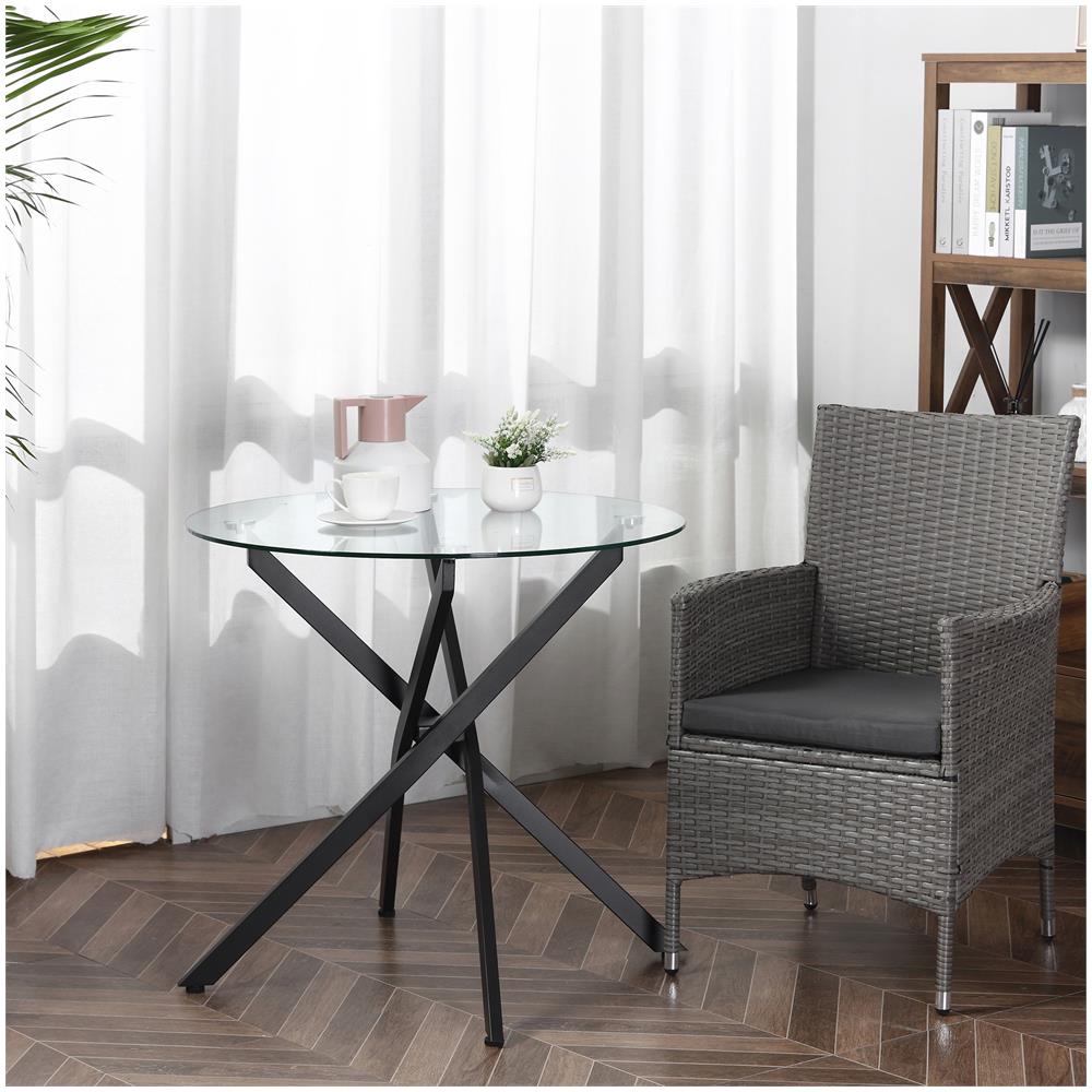 Tavolo Rotondo In Vetro E Gambe Incrociate In Metallo, Tavolino Moderno Per Soggiorno E Studio, 80x80x75cm, Nero - Foto 1