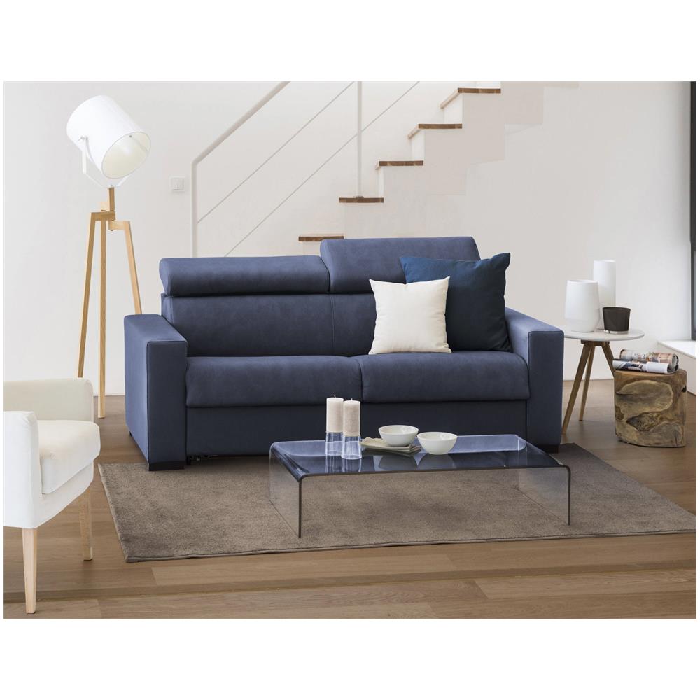 Divano Letto Agostina, Divano A 2 Posti, 100% Made In Italy, Sofà Soggiorno Con Apertura Girevole, Con Poggiatesta Regolabili E Braccioli Slim, Cm 160x95h85, Blu - Foto 1
