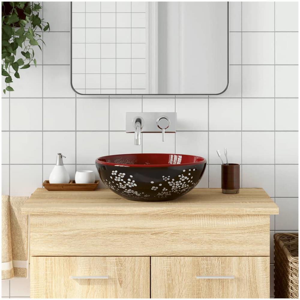 Lavabo Da Appoggio Nero E Rosso Rotondo F41x14 Cm Ceramica - Foto 1