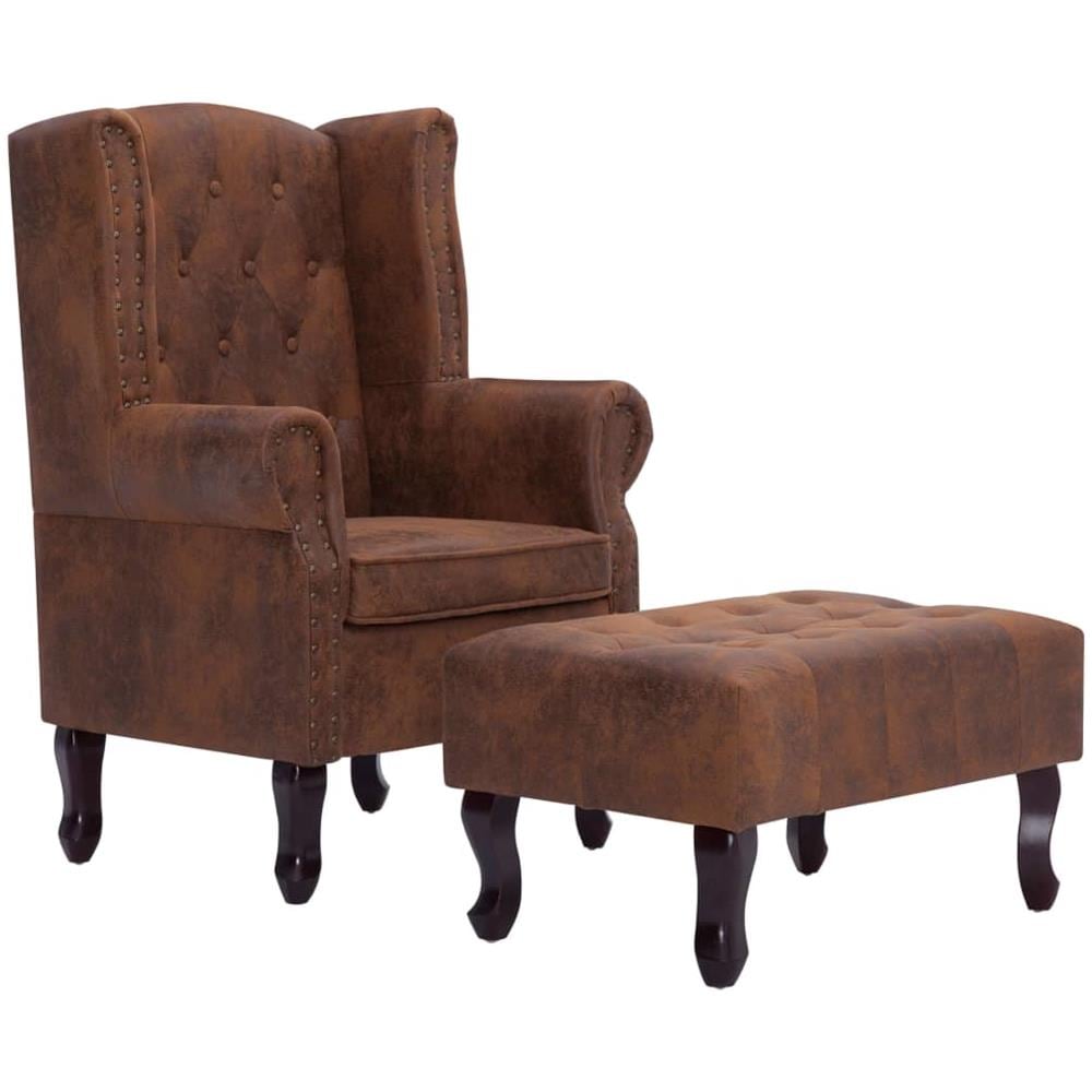 Poltrona Chesterfield E Pouf Marrone Similpelle Scamosciata - Foto 2