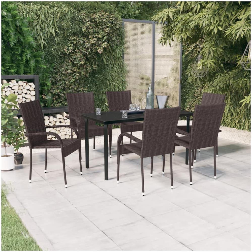 Set Da Pranzo Per Giardino 7 Pz Con Cuscini Marrone E Nero - Foto 1
