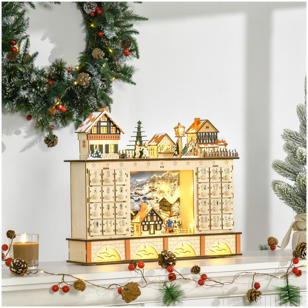 Calendario Dell'avvento In Legno Con 24 Cassetti Decorazione Con Villaggio Di Natale E Luci, 44x10x37cm - Legno - Foto 2