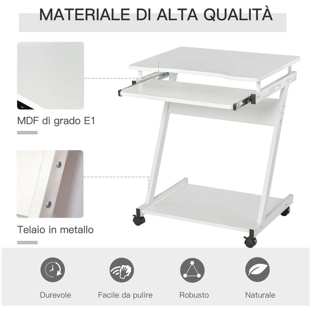 Tavolo Scrivania Porta Pc Piano Tastiera A Scomparsa E 4 Ruote, Bianco - Foto 8