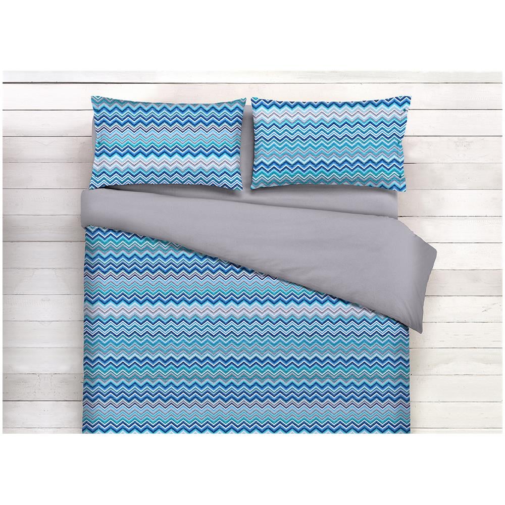 Copripiumino Sacco Piumone In 100% Cotone Disegno Rigato Zig Zag Baia Matrimoniale Azzurro - Foto 2