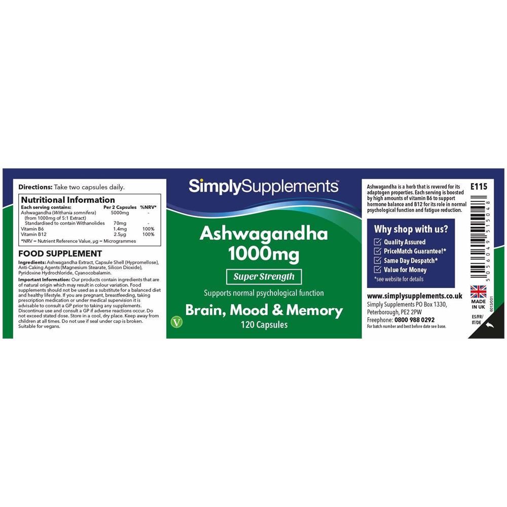 Ashwagandha 1000 Mg - 120 Capsule - Funzione Psicologica - Foto 2