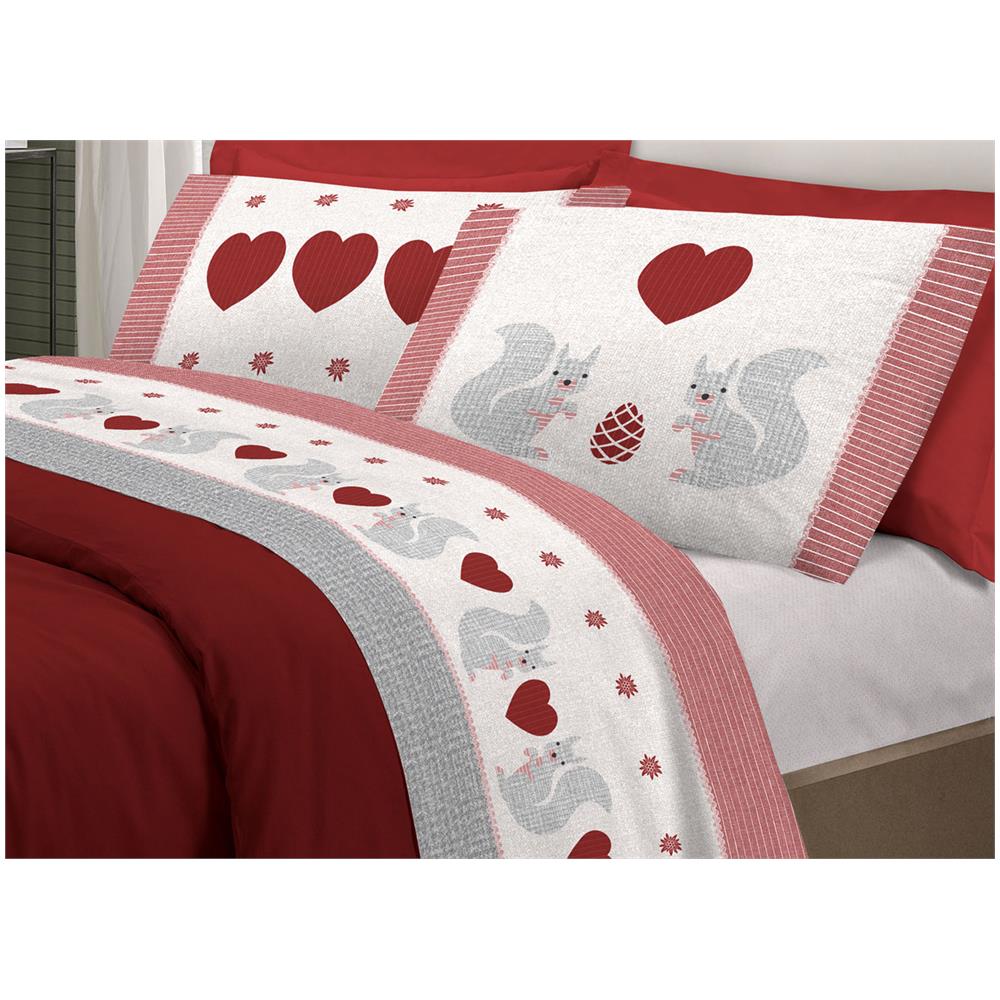 Completo Lenzuola Flanella Pensieri Delicati 100% Cotone Disegno Scoiattolo Matrimoniale Rosso - Foto 1