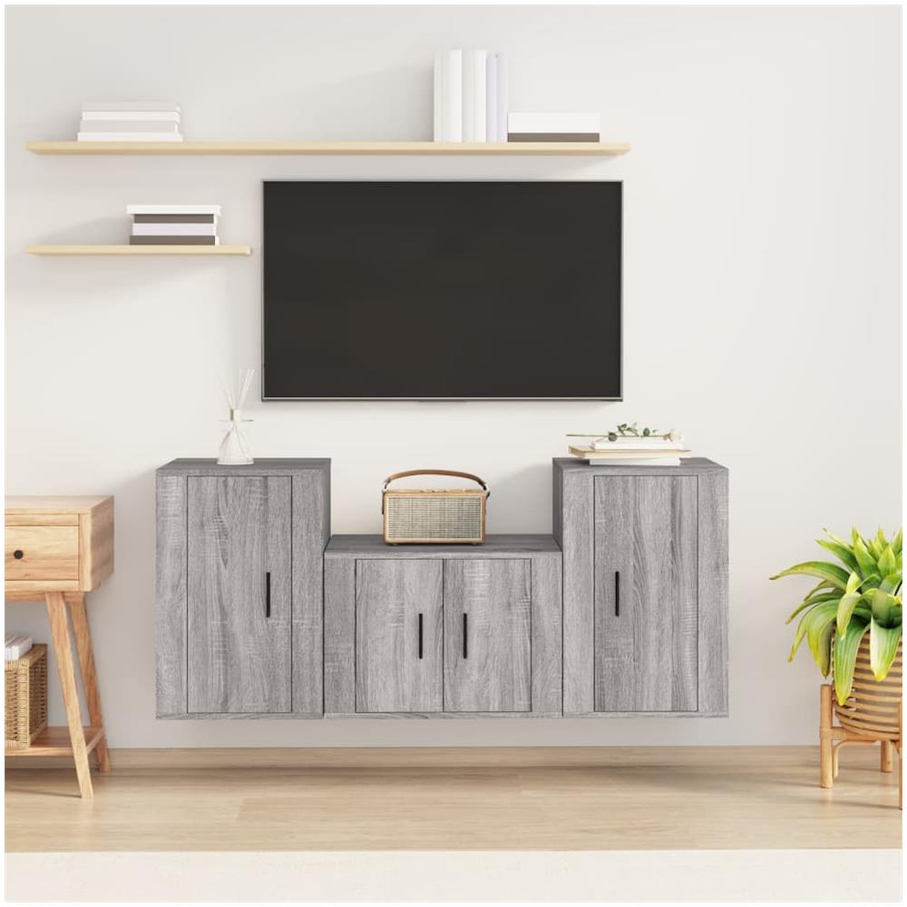 Set Mobili Porta Tv 3 Pz Grigio Sonoma In Legno Multistrato - Foto 1