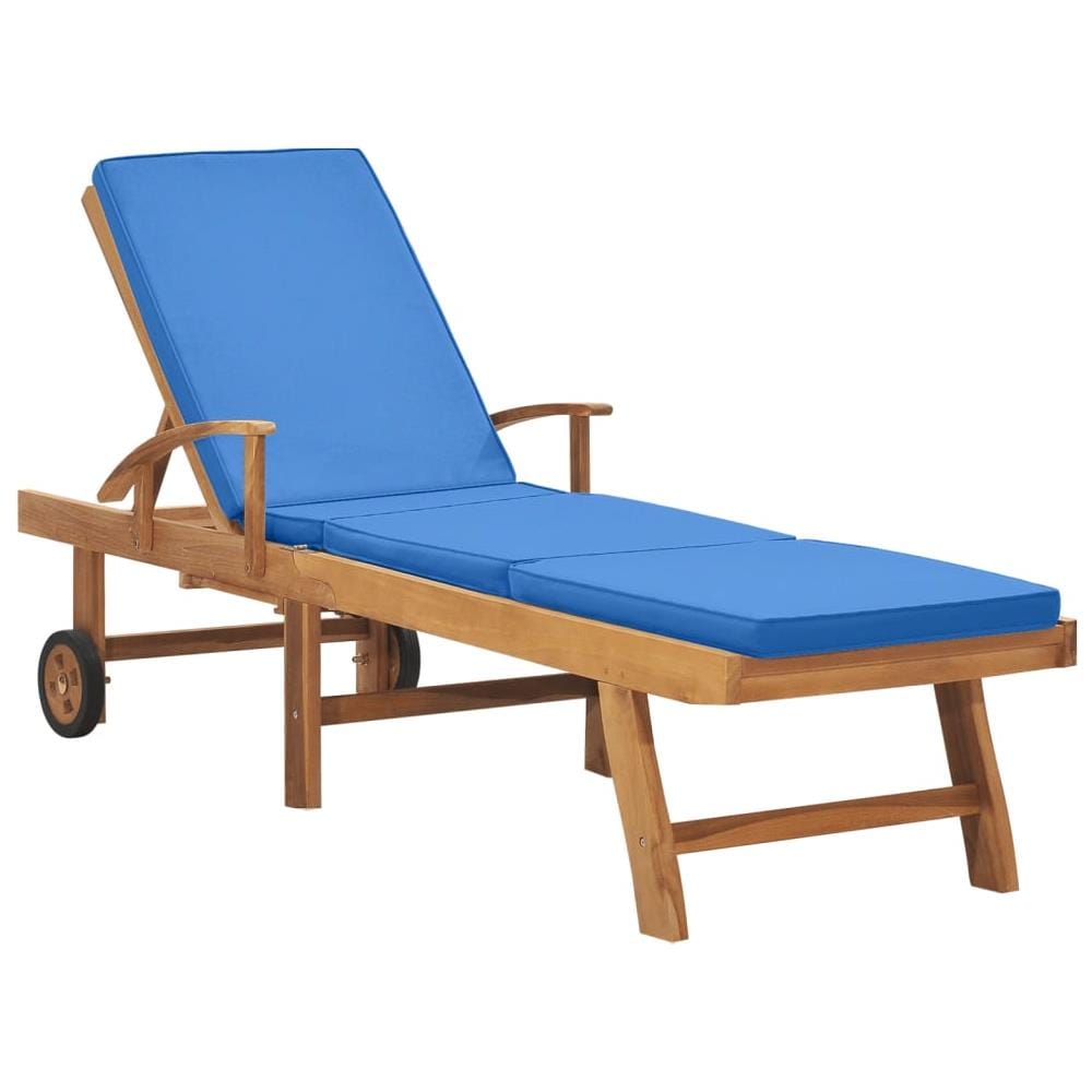 Lettino Prendisole con Cuscino in Massello di Teak Blu - Foto 1