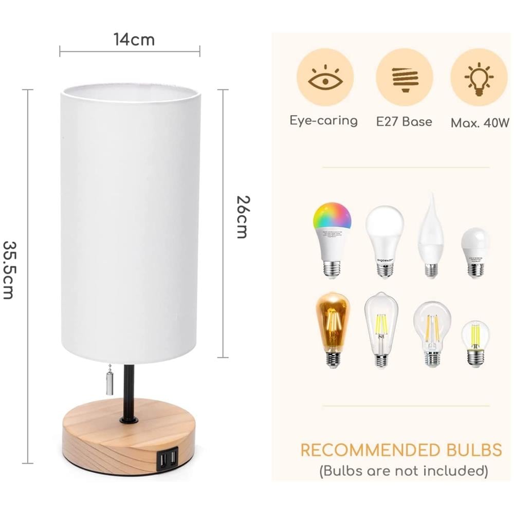 Aigostar Lampada Da Tavolo Comodino Moderna In Legno E Tessuto Ricarica Smartphone Usb - Foto 1