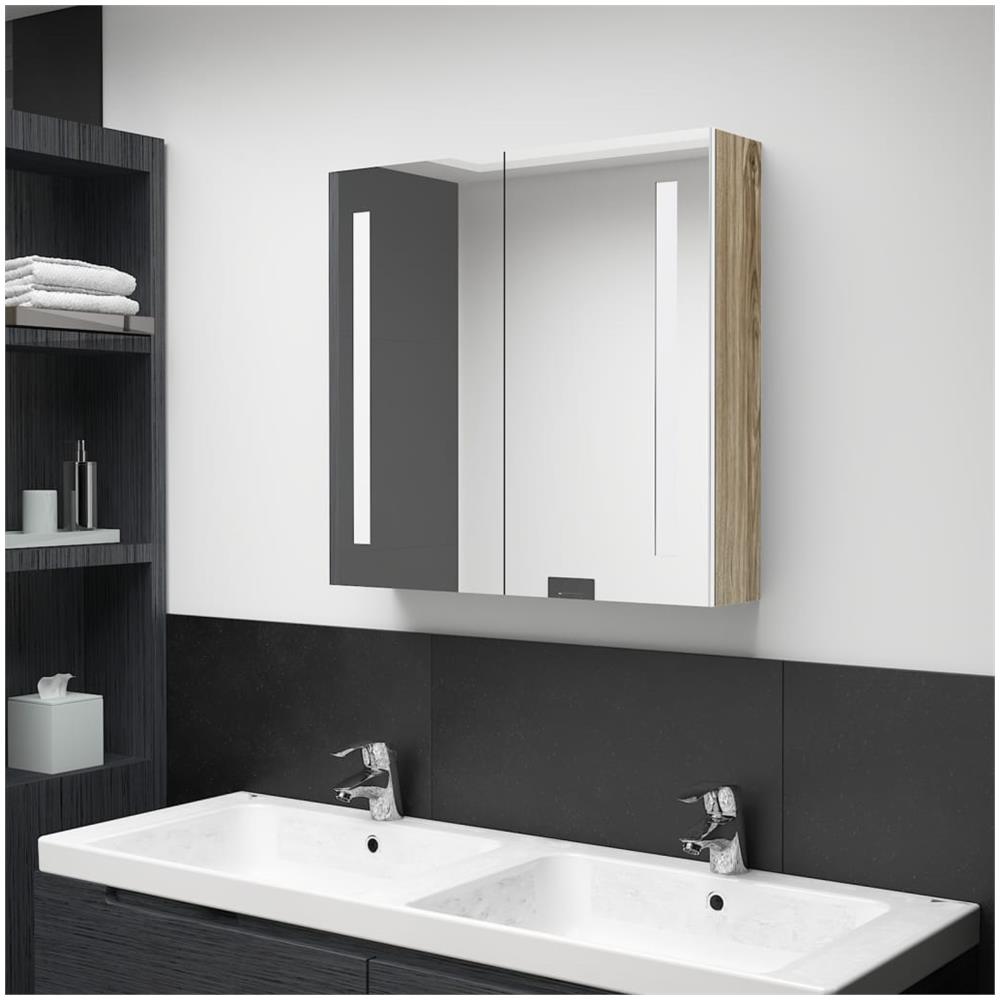 Armadietto Bagno con Specchio e LED Bianco e Rovere 62x14x60 cm - Foto 1
