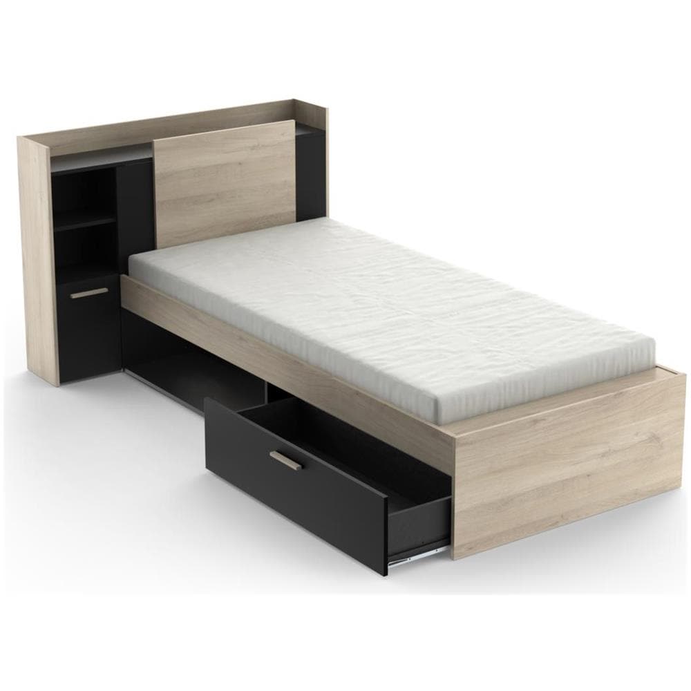 Letto Modulare Con Vani Portaoggetti 90 X 190/200 Cm Nero E Naturale - Martelo - Foto 2