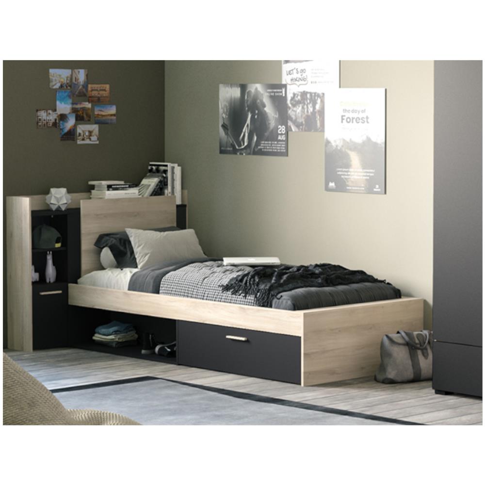 Letto Modulare Con Vani Portaoggetti 90 X 190/200 Cm Nero E Naturale - Martelo - Foto 7