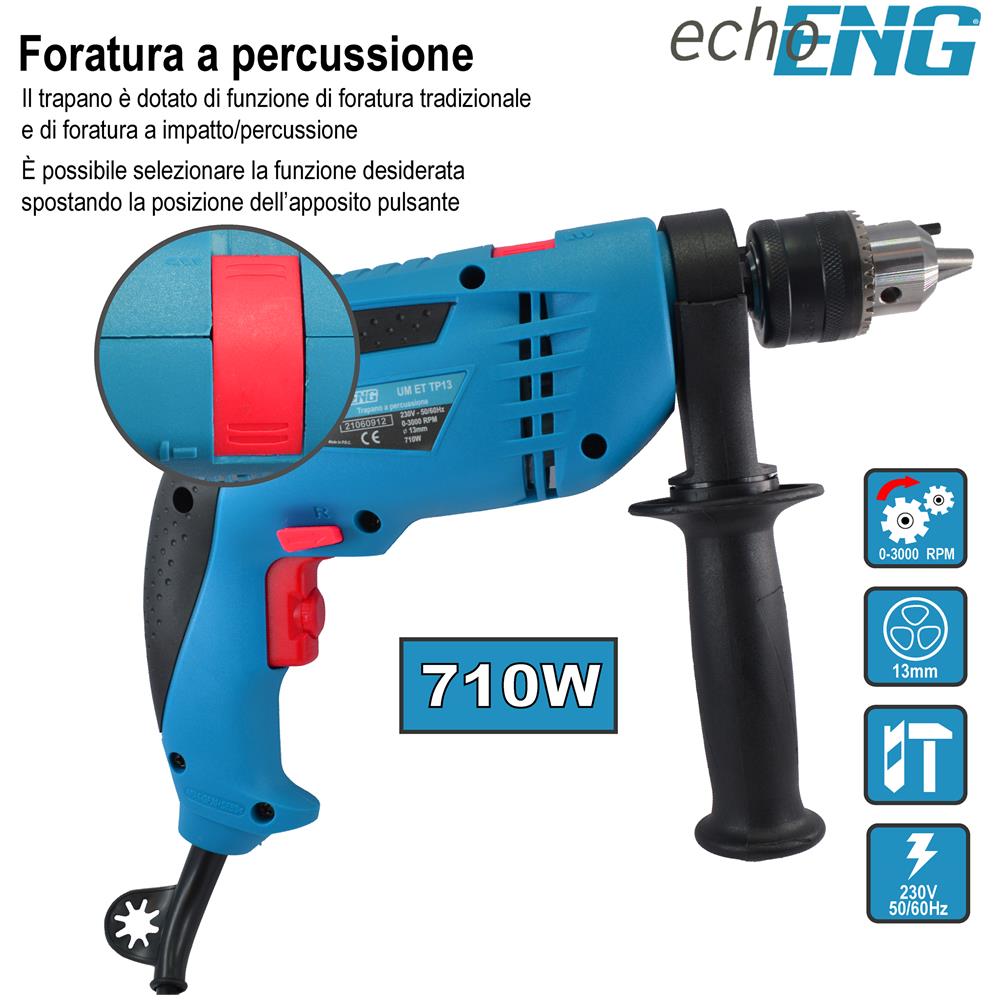 Trapano a percussione battente 710W mandrino 13mm - - UM ET TP13 - Foto 7