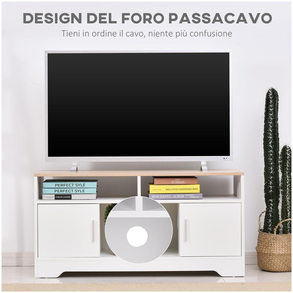 Mobile TV con 3 Scomparti Aperti, 2 Armadietti e Piano d'Appoggio, Mobile per TV fino a 50"", in Truciolato, 105x40x52cm, Bianco e Legno - Foto 6