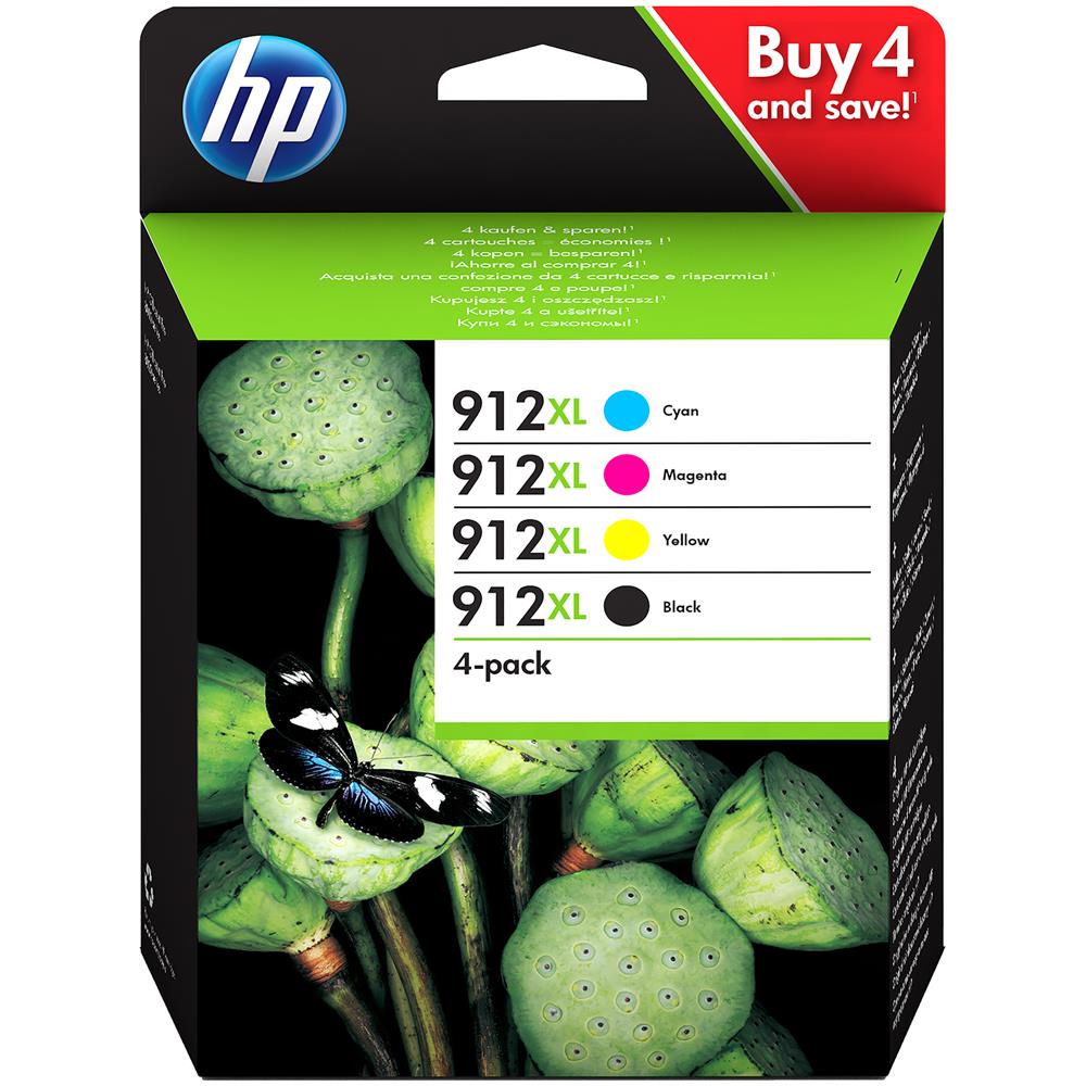 912 XL MultiPack, 3YP34AE, Confezione da 4 Cartucce Originali, ad alta Capacità, da 825 Pagine Ciascuna, per Stampanti OfficeJet Pro Serie 8010 e 8020, Nero, Ciano, Giallo e Magenta - Foto 1