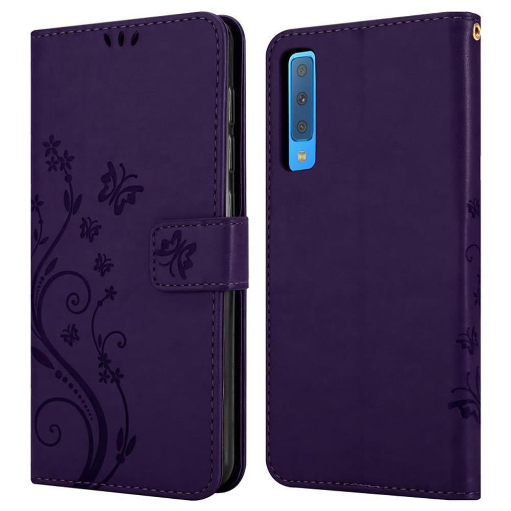 Custodia Compatibile Con Samsung Galaxy A7 2018 In Lilla Scuro Fiore - Coperchio Protettivo In Design Floreale Con Chiusura Magnetica, Funzione Stand E Slot Per Carte - Foto 8