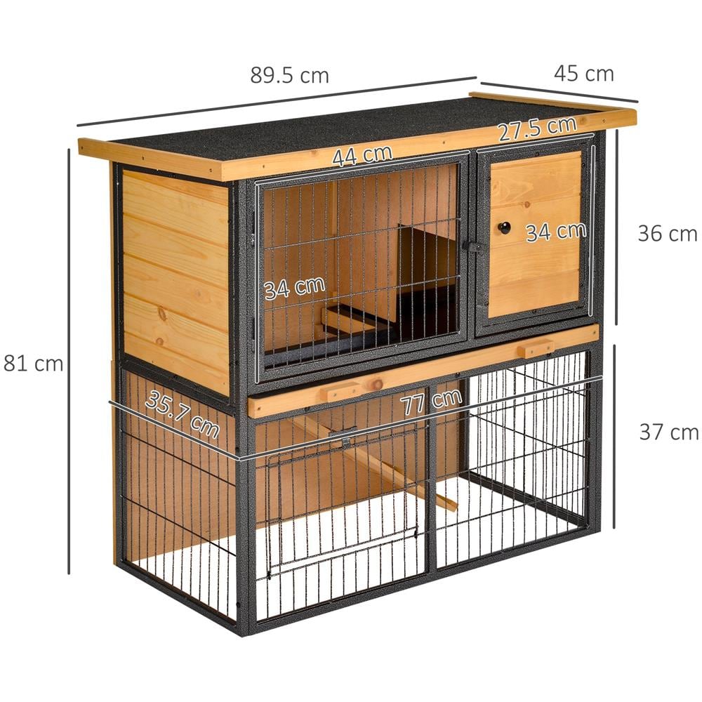 Gabbia Per Conigli Con Rampa E Area Aperta, Conigliera In Legno E Metallo Su 2 Livelli, Giallo Chiaro, 89.5x45x81cm - Foto 2