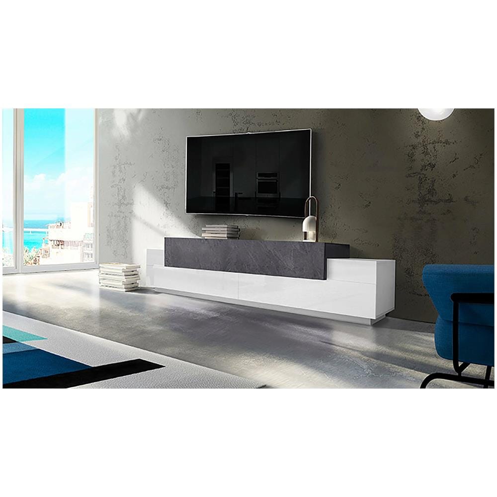 Mobile Porta Tv Nico, Credenza Bassa Da Soggiorno, Base Porta Tv, 100% Made In Italy, Cm 240x45h52, Bianco Lucido E Ardesia - Foto 1