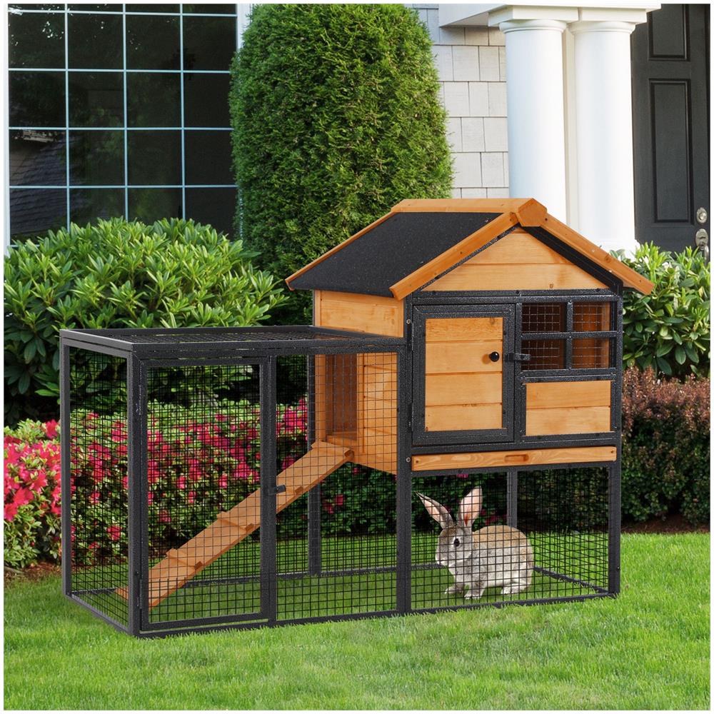 Gabbia Per Conigli Con Casetta, Rampa E Area Aperta, Conigliera In Legno E Metallo Giallo Chiaro, 122x63x92cm - Foto 2