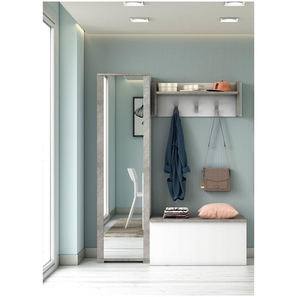Scarpiera Datura, Mobile Multiuso Da Ingresso Con Anta A Specchio, Armadio Moderno Portascarpe A 7 Ripiani, 100% Made In Italy, 50x32hx182 Cm, Bianco E Cemento - Foto 1
