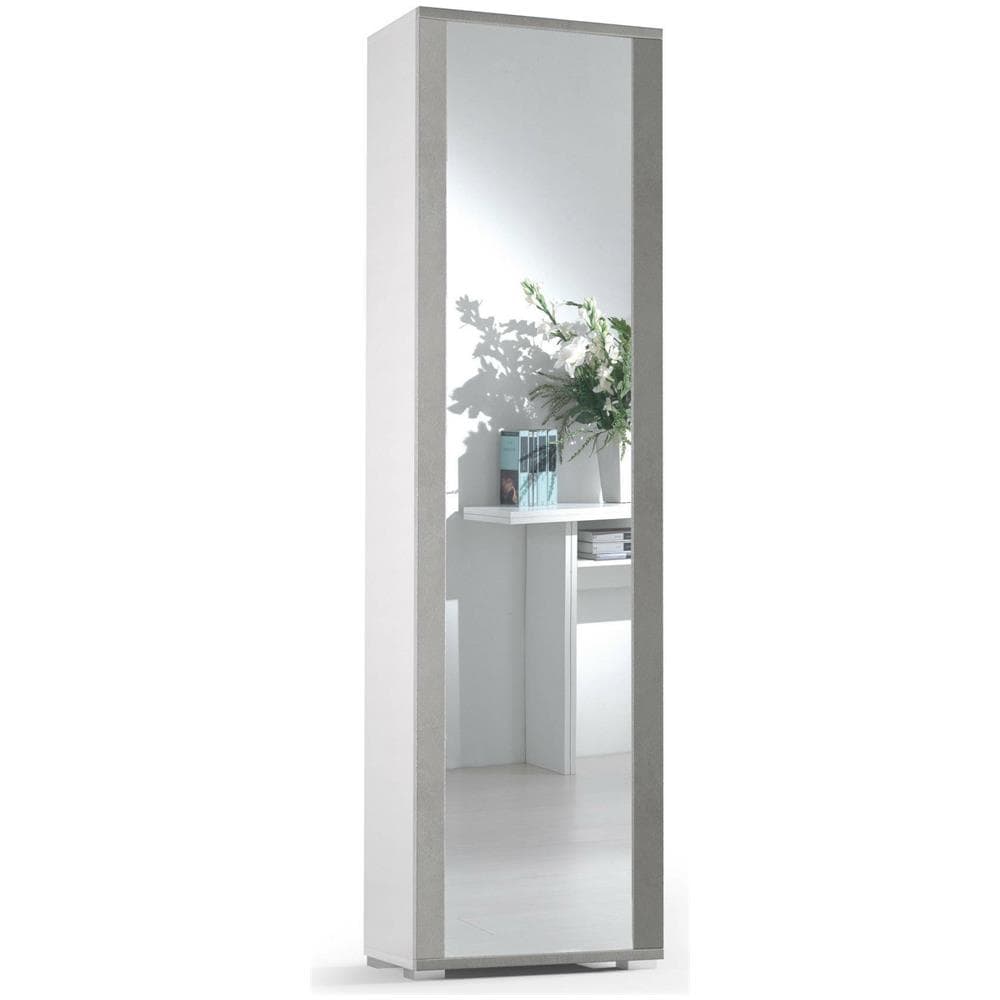 Scarpiera Datura, Mobile Multiuso Da Ingresso Con Anta A Specchio, Armadio Moderno Portascarpe A 7 Ripiani, 100% Made In Italy, 50x32hx182 Cm, Bianco E Cemento - Foto 2