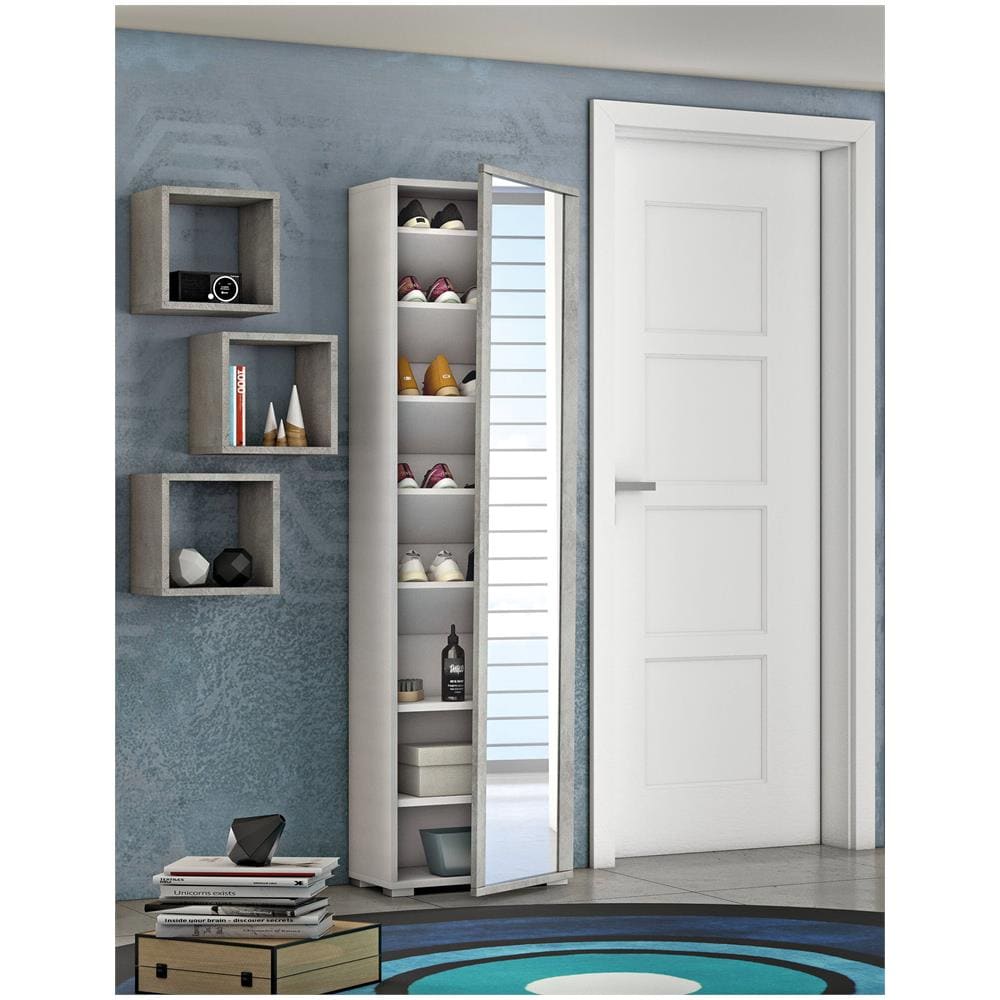 Scarpiera Datura, Mobile Multiuso Da Ingresso Con Anta A Specchio, Armadio Moderno Portascarpe A 7 Ripiani, 100% Made In Italy, 50x32hx182 Cm, Bianco E Cemento - Foto 4